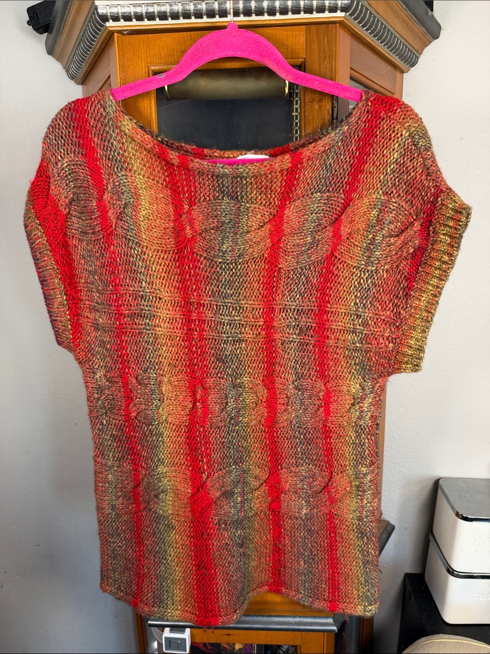 Striped Multicolor Knit Scoop-Neck Sweater with Red Accents